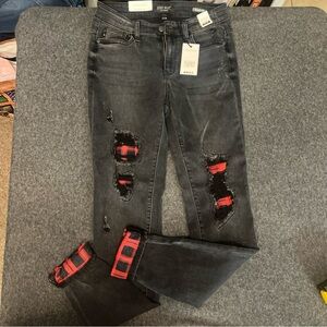 NWT Judy Blue black buffalo plaid patch distressed skinny jeans.
